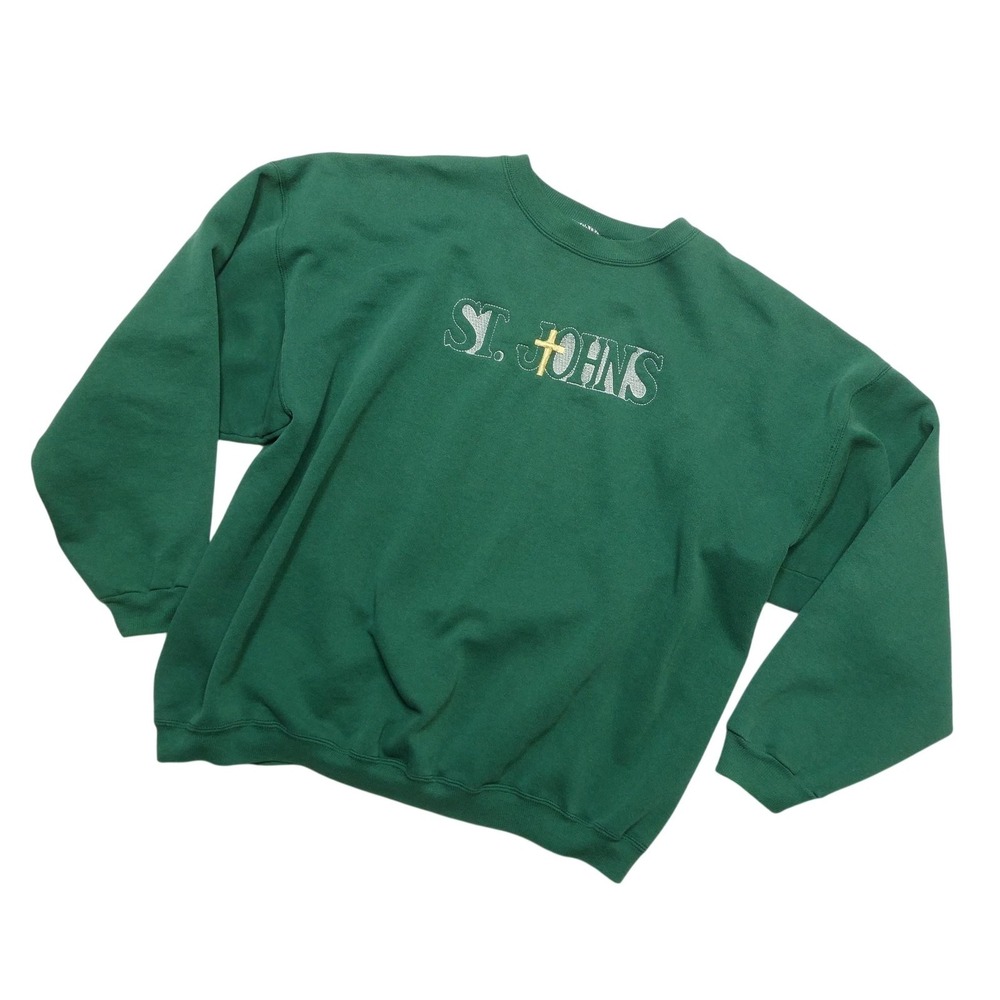 Vintage Religious Sweatshirt Mens L Green Embroidered Cross St Johns Catholic